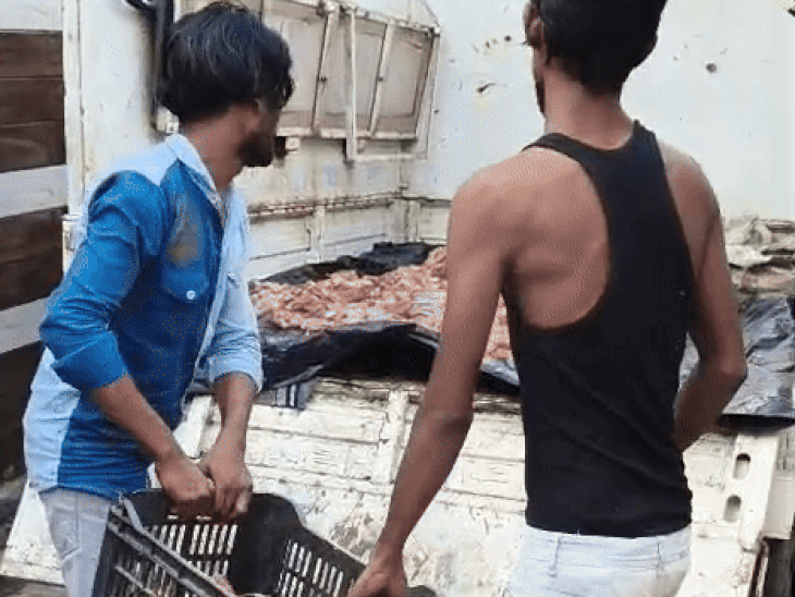 Police carry the beef recovered from the houses of the accused in a car.