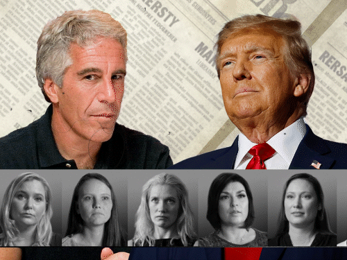 Photo of Jeffre Epstein and Donald Trump. Epstein case victims in the slide. - Dainik Bhaskar