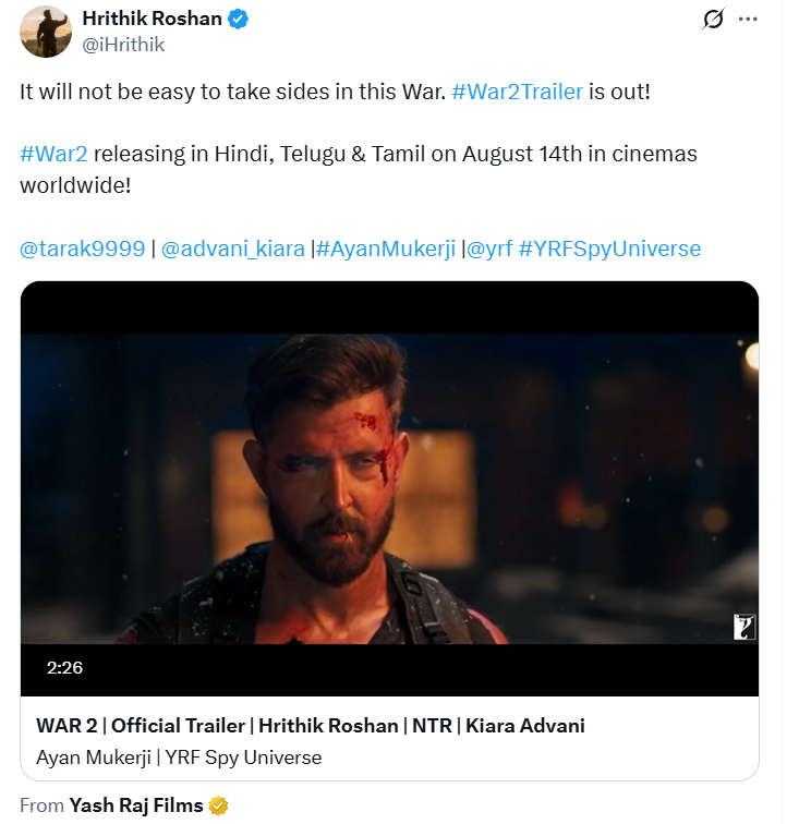'वॉर 2' चा ट्रेलर प्रदर्शित: Jr. NTR हृतिकने म्हटला भगवद्गीतेतील श्लोक, कियारा अॅक्शन करताना दिसली, पण स्क्रीन प्रेझेन्स कमी 'वॉर 2' चा ट्रेलर प्रदर्शित: Jr. NTR हृतिकने म्हटला भगवद्गीतेतील श्लोक, कियारा अॅक्शन करताना दिसली, पण स्क्रीन प्रेझेन्स कमी