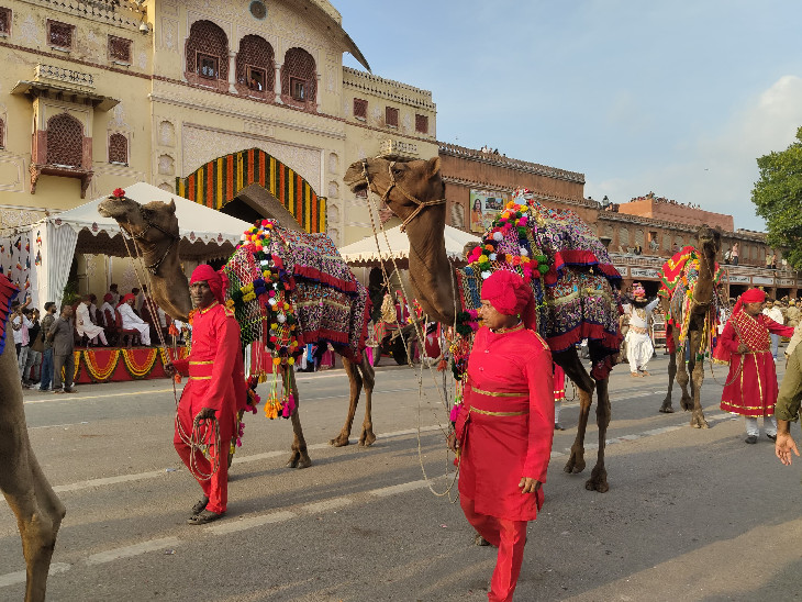 रंग-बिरंगे कपड़ों से सजे ऊंट भी शाही सवारी में शामिल हुए।