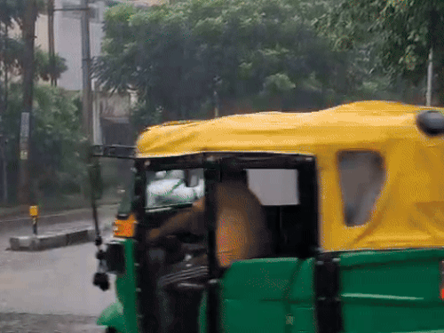 बारिश से सड़क पर जलभराव के बीच गुजरते हुए वाहन।