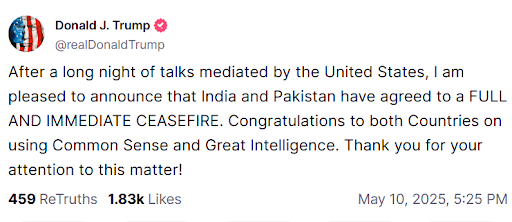 अमेरिकी राष्ट्रपति ट्रम्प ने 10 मई को भारत और पाकिस्तान के बीच सीजफायर की जानकारी दी थी।