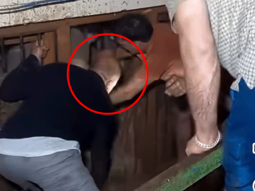 Local people rescuing a woman trapped in the lower floor of the house after a cloudburst in the jail road of Mandi.