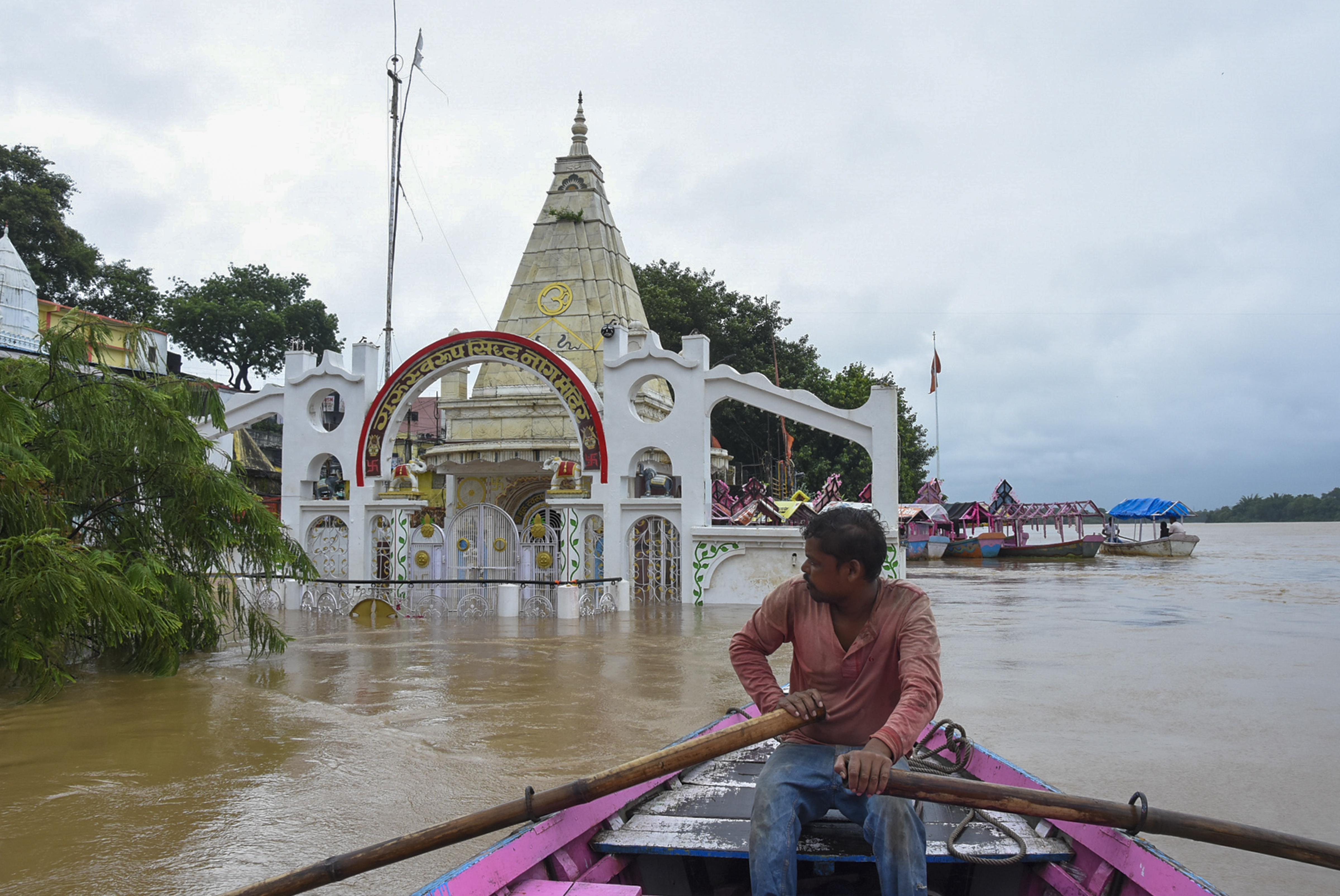 The first floor of the Nag temple on the ghat was submerged due to the rise in the water level of Narmada in Gwarighat in Jabalpur.