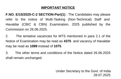SSC ने नोटिस जारी कर बढ़ाए गए पदों की संख्या की जानकारी दी।