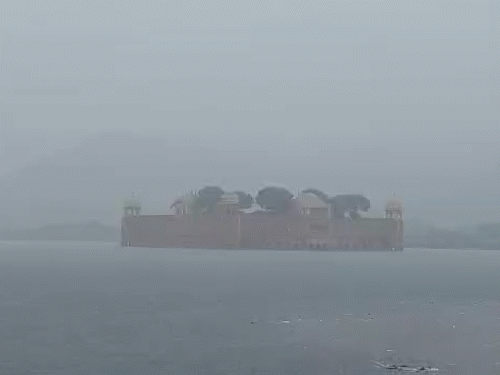 जलमहल के आसपास भी तेज बारिश हुई। तेज बारिश के कारण जलमहल धुंधला नजर आया।