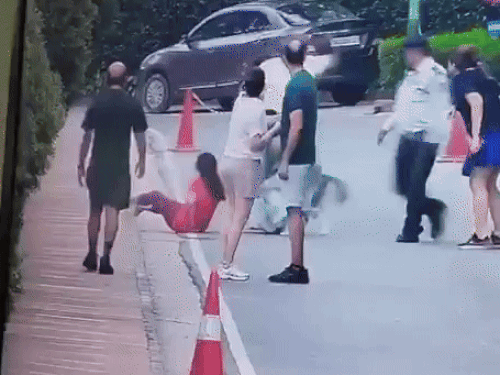 Two people came forward to get the woman rescued from the dog. However, during this time some people remained there. One person started kicking the dog.