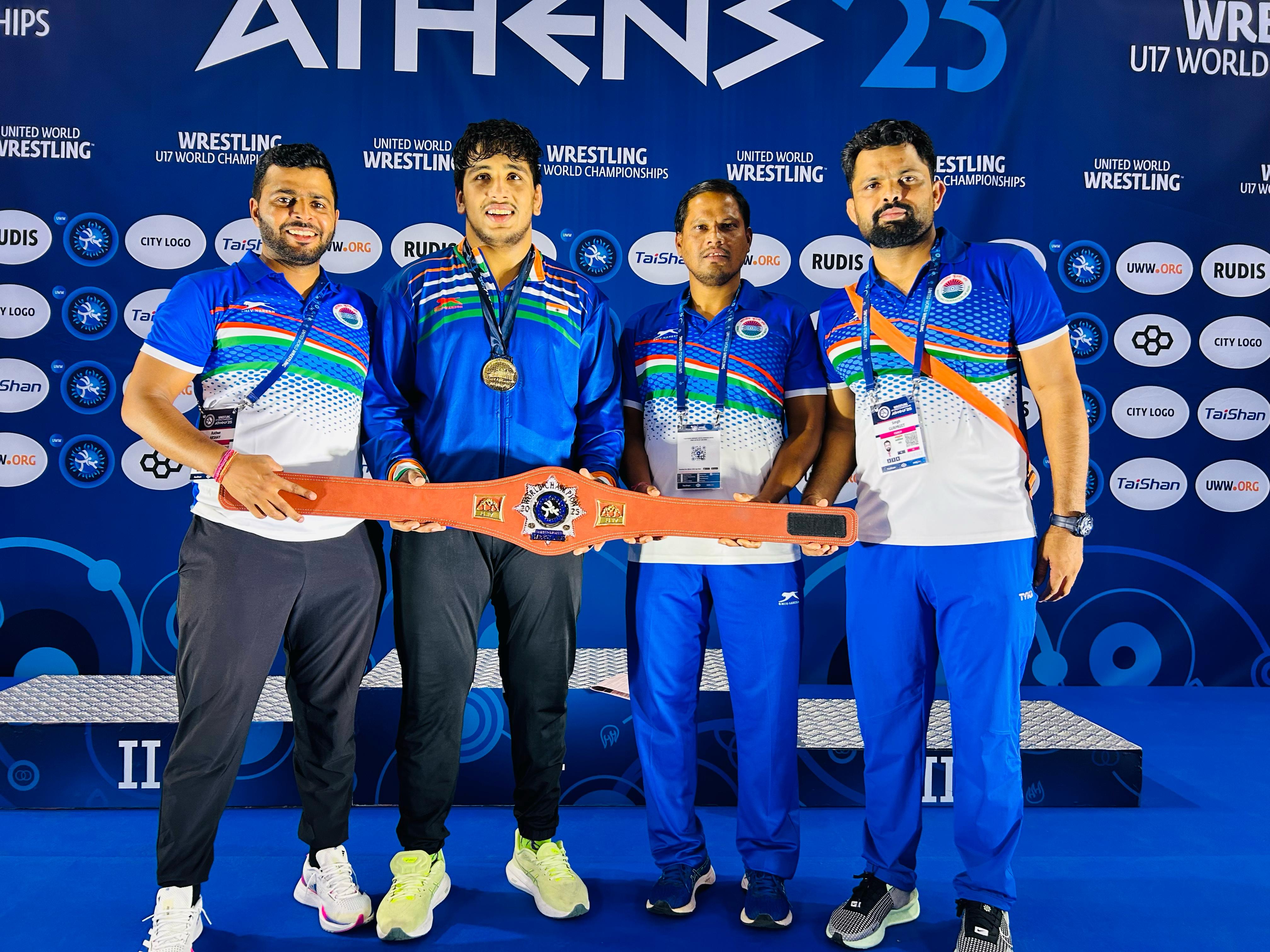 After the victory in Greece, wrestler Hardeep with his coach team.