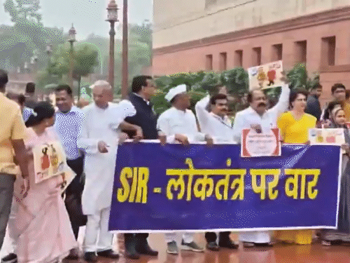 बिहार वोटर वेरिफिकेशन मामले पर विपक्ष ने संसद गेट पर प्रदर्शन किया। कांग्रेस सांसद प्रियंका गांधी भी इसमें शामिल हुईं। - Dainik Bhaskar