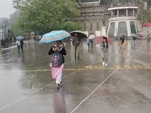 शिमला के रिज पर बारिश में छाता लेकर स्कूल जाते हुए बच्चे