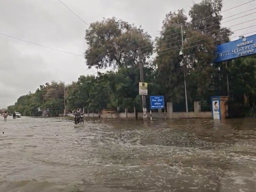 The road in front of the Collector Office in Hanumangarh has become a river.