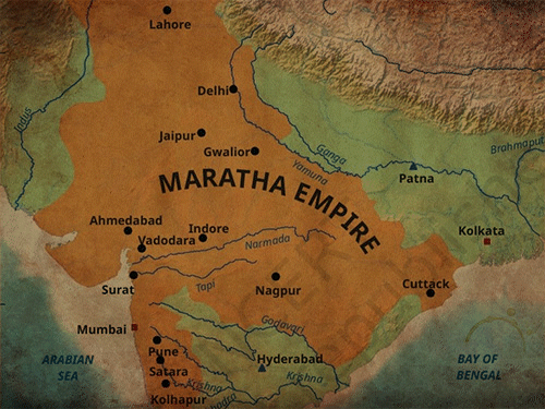 नक्शे में मराठा साम्राज्य को कोल्हापुर से उत्तर में पेशावर और कटक तक दर्शाया है। इसमें जैसलमेर को भी मराठा साम्राज्य में दिखाया गया है।