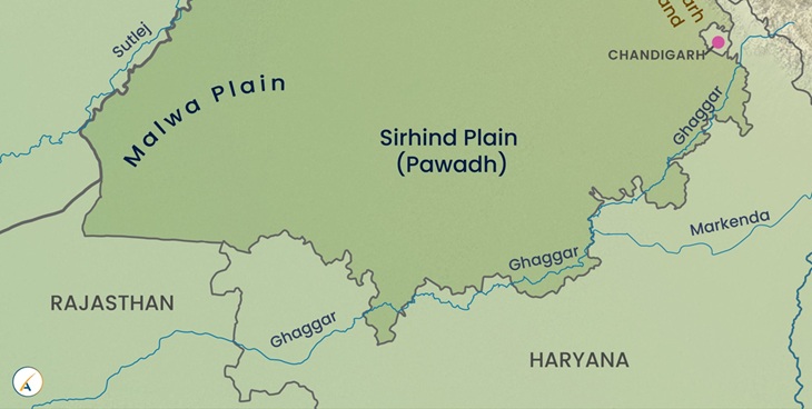 पंजाब में घग्गर कहां-कहां से होकर निकलती है, को दर्शाता मैप।