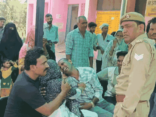 After the death of her husband, the wife is crying faintly. The family is handling him.