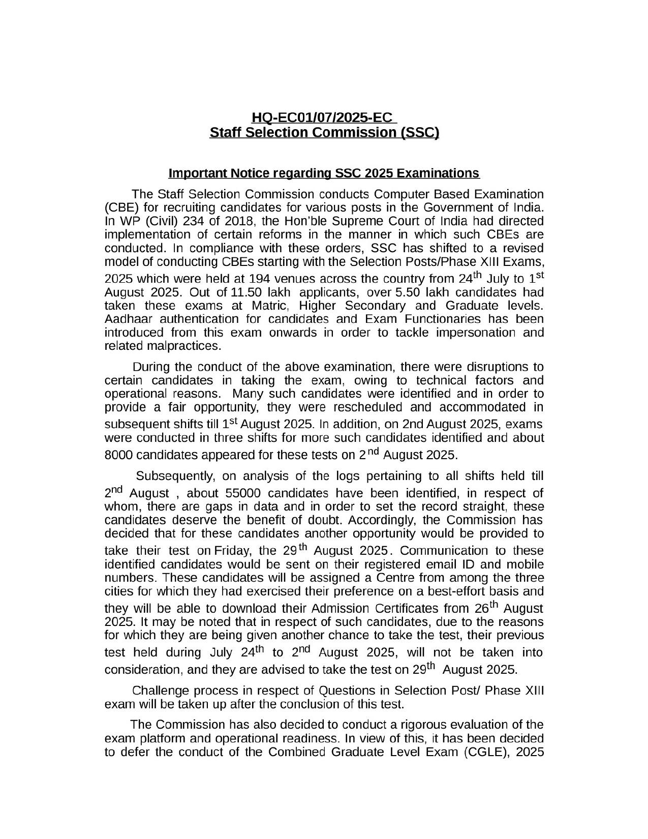 SSC ने नोटिस जारी कर परीक्षा में हुई गड़बड़ियों को लेकर अपनी सफाई दी।