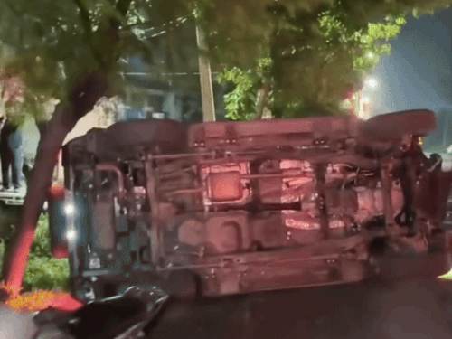 गोवंश से टक्कर के बाद सड़क के बीच पलटी थार गाड़ी।