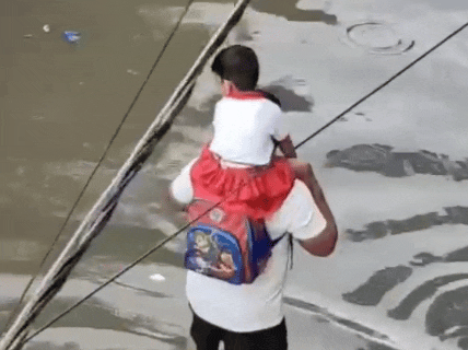 नवलगढ़ रोड पर गलियों में भी पानी आ गया। ऐसे में एक पिता अपने बच्चे को कंधे पर बैठकर स्कूल से घर लेकर आए।