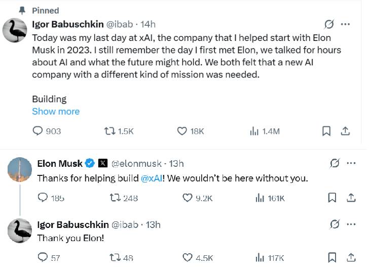 In response to Babushkin's emotional post, Ion Musk wrote on X, 'Thank you for help in making XAI, we are not here without you.'