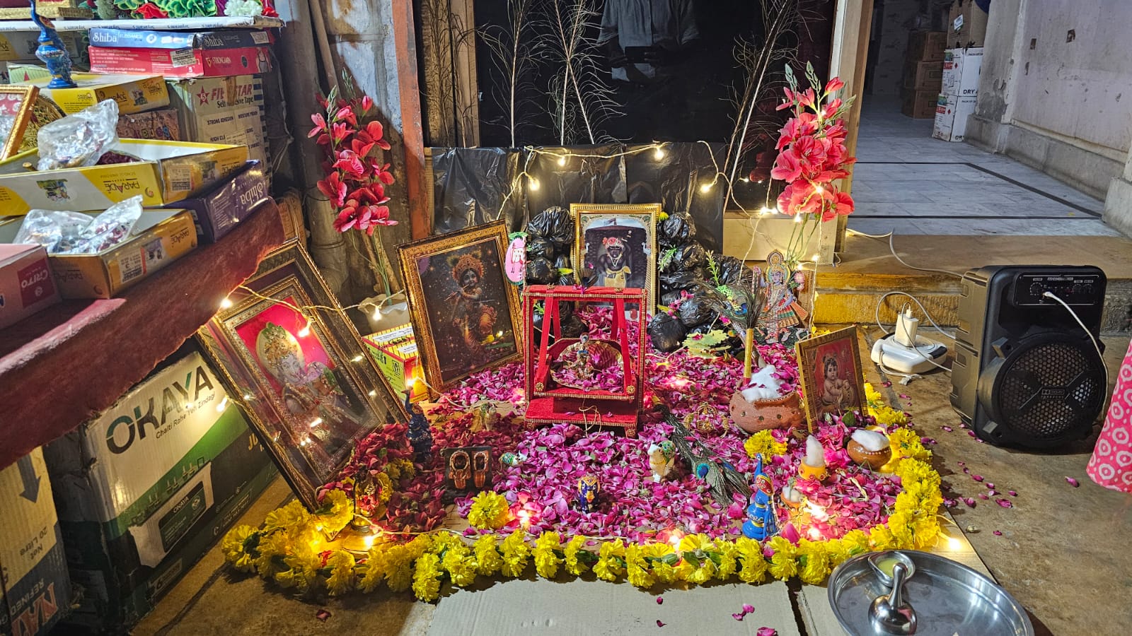 शहर की भाटिया मार्केट में घरों के बाहर बच्चों ने लगाया कृष्ण दरबार।