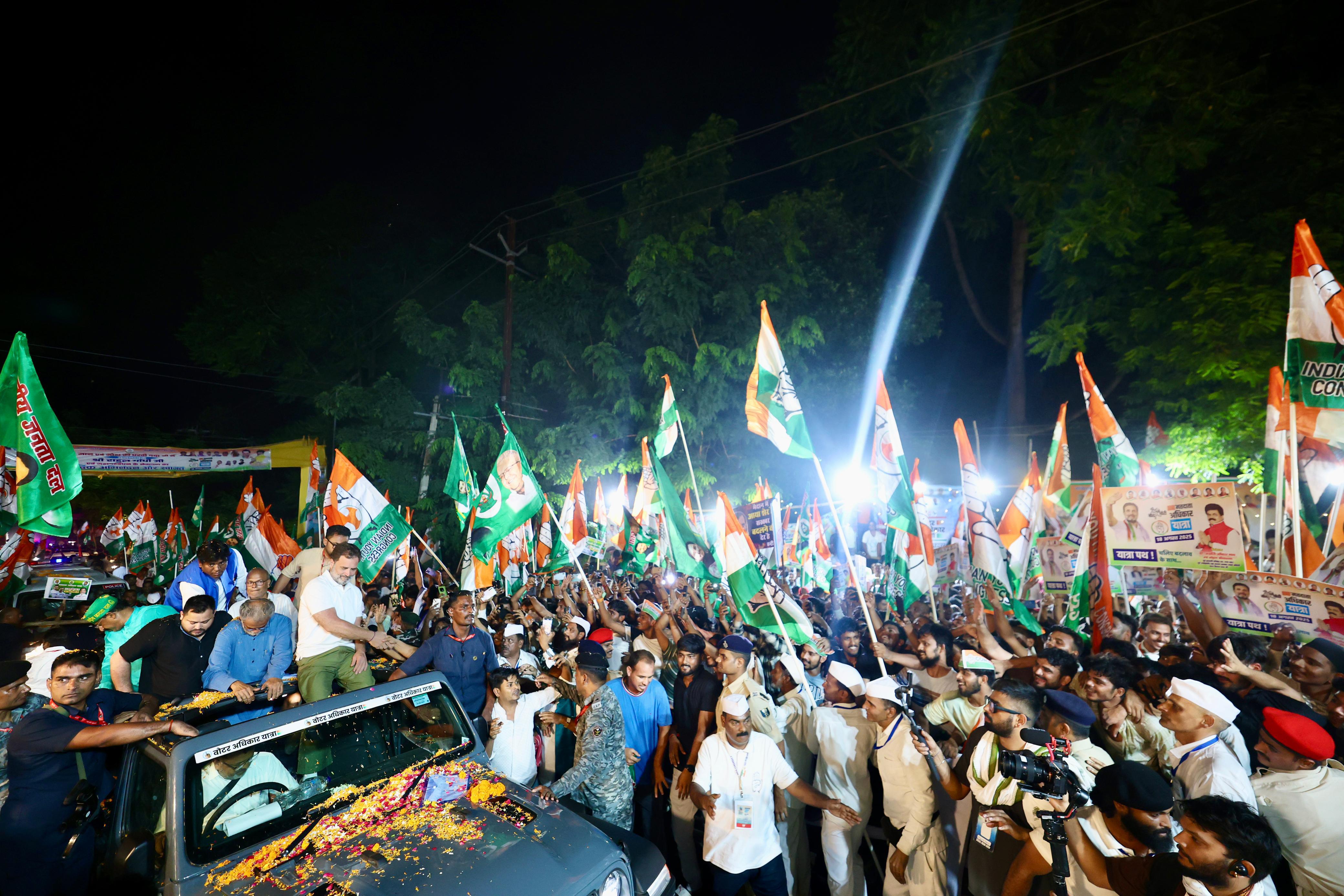 Rahul Gandhi and Tejashwi Yadav during the Voter Adhikar Yatra in Gaya.