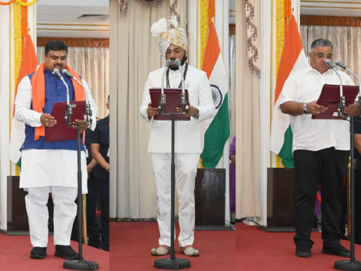 राजभवन में गजेंद्र यादव, खुशवंत साहेब और राजेश अग्रवाल शपथ ग्रहण के दौरान की तस्वीर।