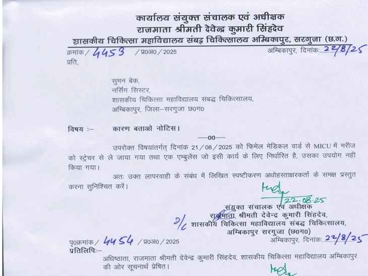 सहयोग करने वाली नर्स को भी थमाया नोटिस।