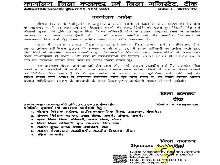 कलेक्टर कल्पना अग्रवाल द्वारा स्कूली, आंगनबाड़ी बच्चों की तीन दिन की छुट्टी का जारी किये आदेश की प्रति।