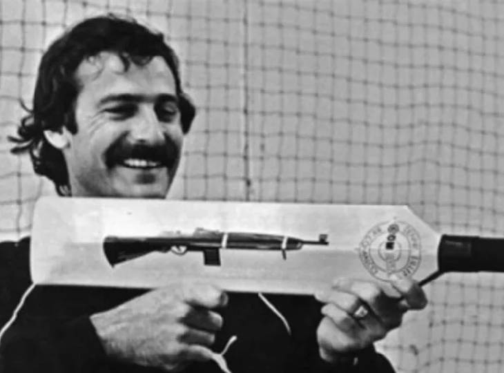 Dennis Lily's photo with her cricket bat in 1979.