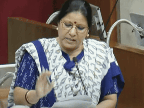 Education Minister Mahipal Dhanda answering the question of Congress MLA Geeta Bhukkal in the Assembly.