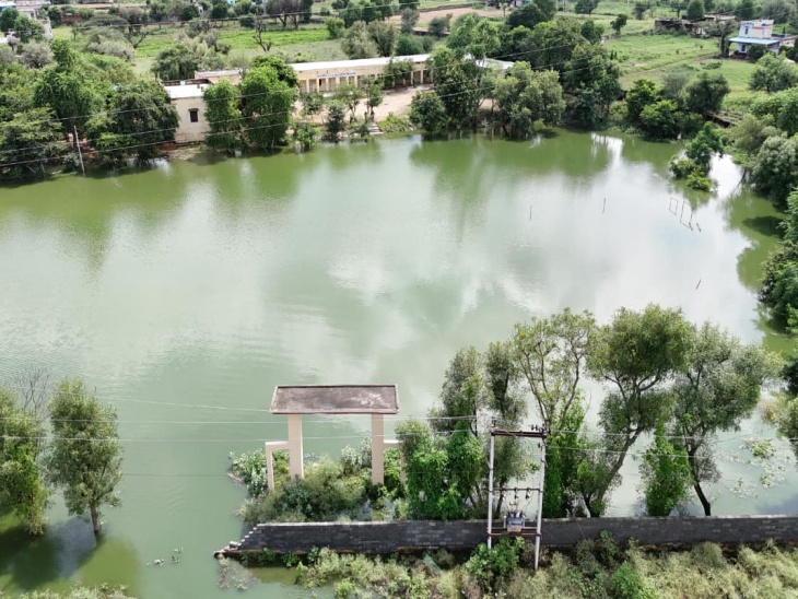 गांव का सरकारी स्कूल, जिसके खेल मैदान में 4 से 5 फीट तक जलभराव हो गया।