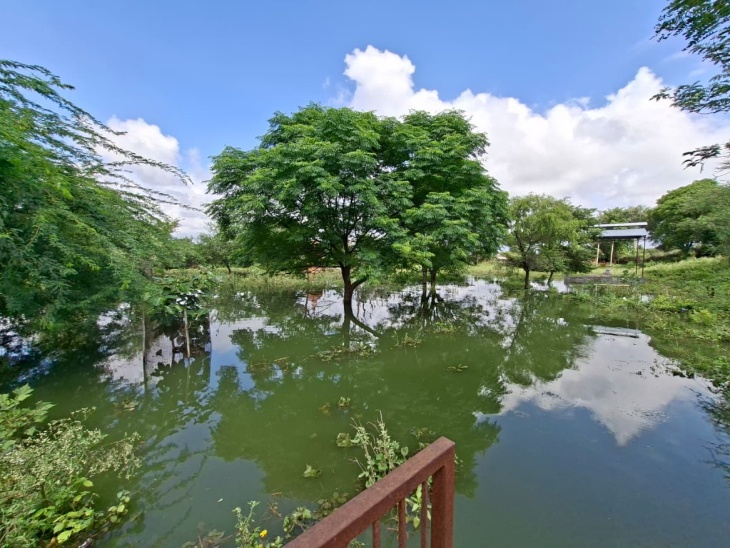 नानी गांव की श्मशान भूमि में भरा गंदा पानी। ग्रामीणों का कहना है कि ये गंदा पानी शरीर पर लग जाता है तो खुजली चलने लगती है।