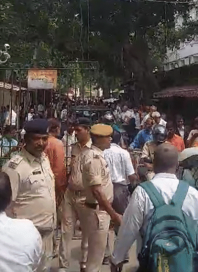Heavy police forces are deployed inside and outside the court.