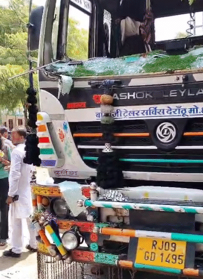 The truck was vandalized in stone pelting.