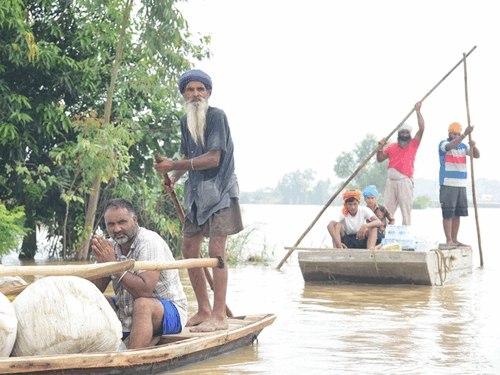 बाढ़ में फंसे लोगों को रेस्क्यू करती NDRF की टीम। फाजिल्का में सतलुज के पानी में पुल डूबा, कपूरथला में लोग खुद किश्तियों के सहारे बाहर निकल रहे। करतारपुर साहिब गुरुद्वारे की सफाई की जा रही। - Dainik Bhaskar