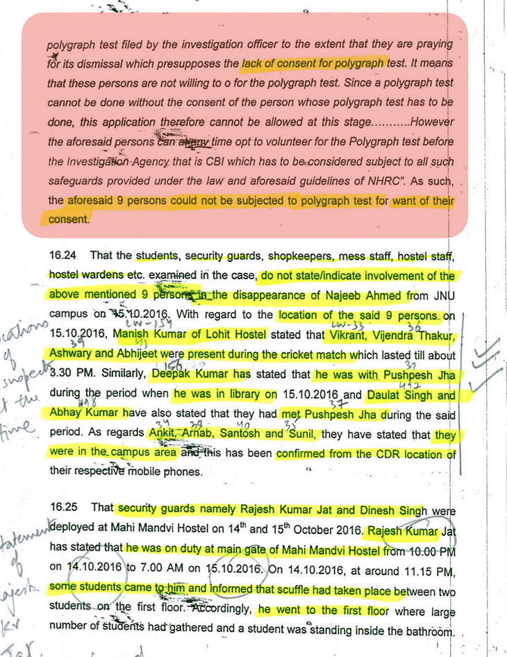 CBI का हलफनामा, जिसमें बताया गया कि ABVP के छात्रों ने पॉलीग्राफ टेस्ट करवाने से मना कर दिया है।