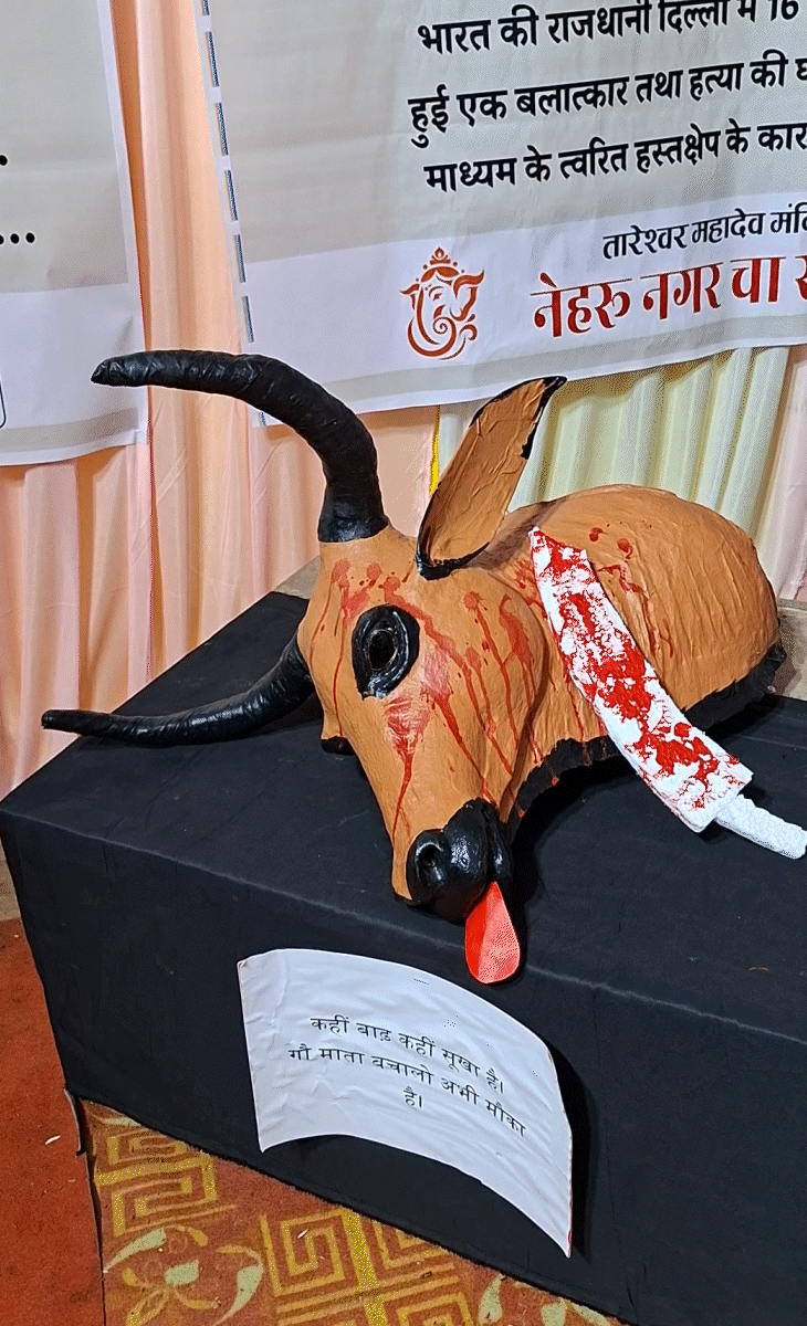 गो हत्या के विरोध में इस तरह से मॉडल और पोस्टर लगाया गया है।