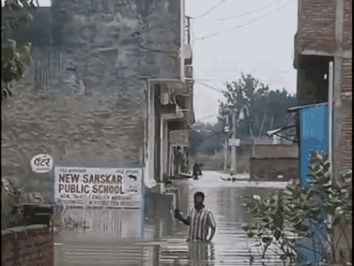A young man came out of the waterlogging due to the water of Yamuna river in Basantpur village of Faridabad.
