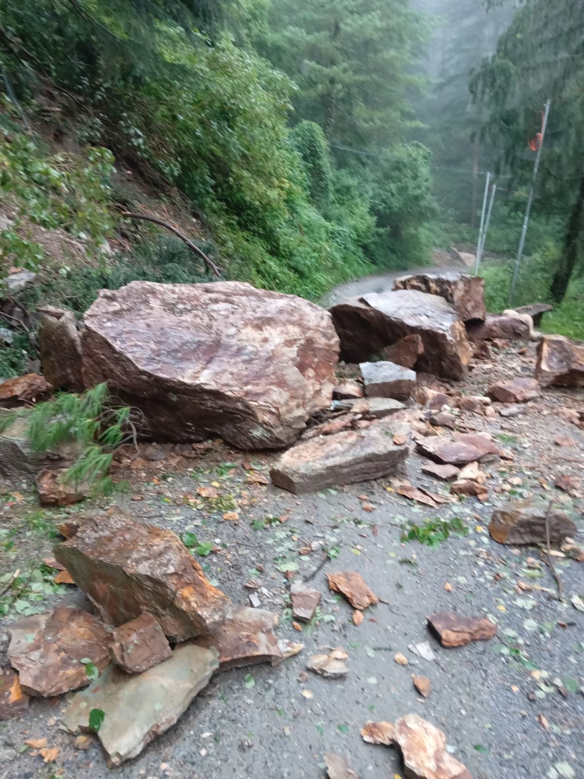शिमला में सोमवार सुबह ठियोग-चौपाल सड़क पर पहाड़ से बड़ी-बड़ी चट्टानें गिर गईं।