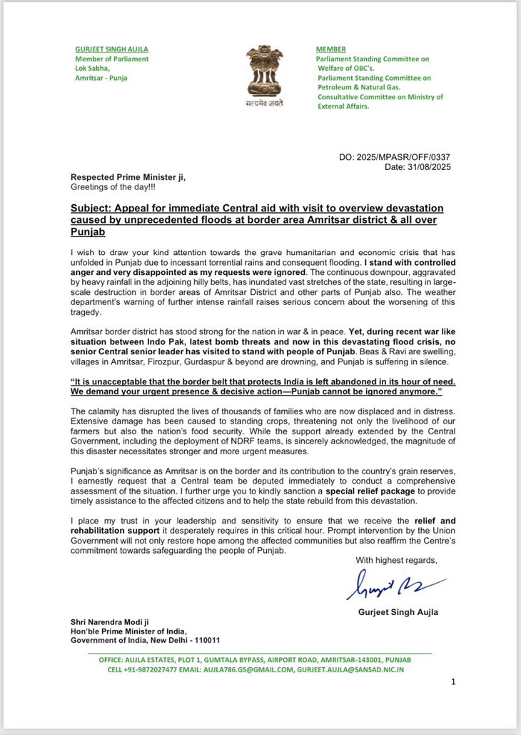 A letter sent to Prime Minister Narendra Modi on behalf of MP Aujla.