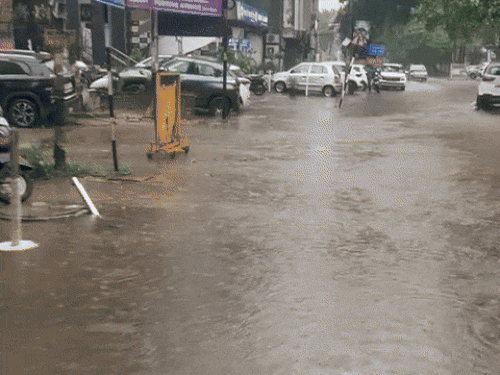 जालंधर के मॉडल टाउन में भरा पानी। शोरूमों के आगे लोगों ने खुद ही रेता की बोरियां रखीं हैं, जिससे बेसमेंटों के अंदर पानी न जाए।