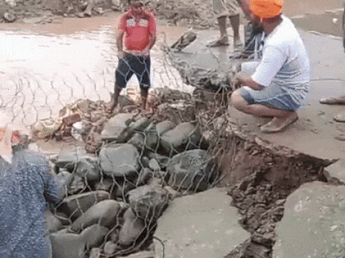 न्यू चंडीगढ़ के साथ लगते मुल्लांपुर में जयंती माजरी में बाढ़ में सड़क बह गई। लोग खुद ही पुली निर्माण में जुटे हैं।