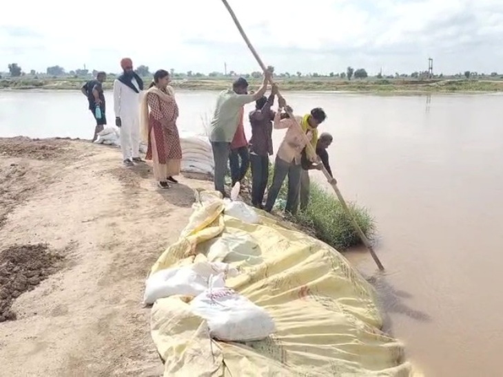 श्रीनगर पंचायत के तटबंधों में कटाव को रोकने के लिए कट्टे लगाए गए।