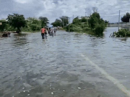 The water in the Ajnala region has decreased slightly. In such a situation, people are now passing through the road on their vehicles.