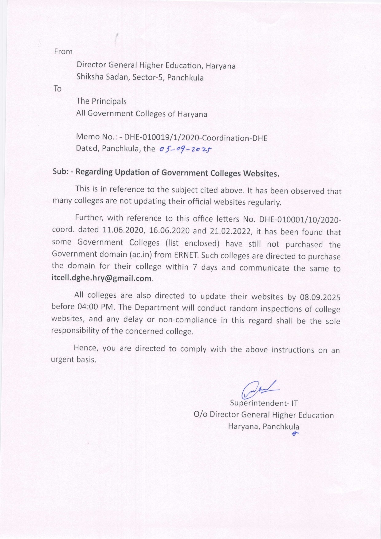 हरियाणा उच्चतर शिक्षा विभाग की ओर से जारी पत्र।