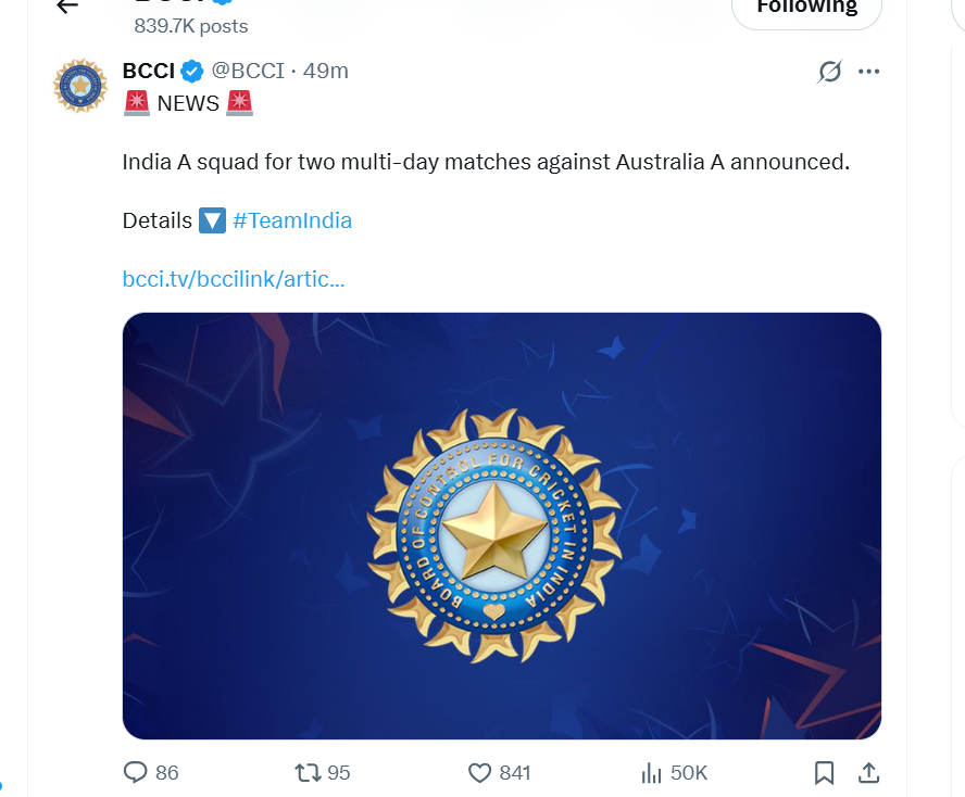 BCCI ने X पर पोस्ट करके इंडिया-ए के स्क्वॉड का ऐलान किया।
