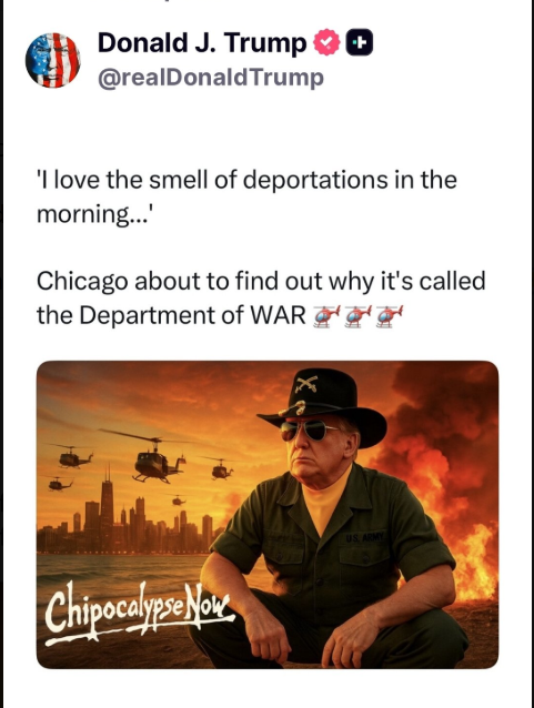 ट्रम्प का सोशल मीडिया पोस्ट, जिसमें उन्होंने शिकागो में नेशनल गार्ड और इमिग्रेशन एजेंट भेजने की धमकी दी।