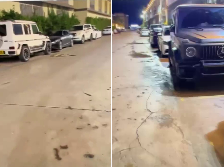 Luxury cars queuing outside the Chinese gang call center.