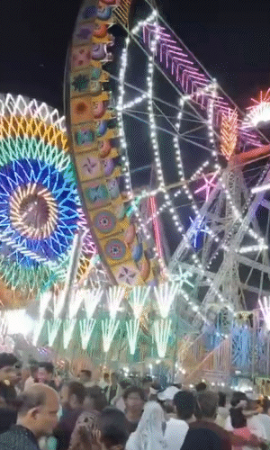 संतुलन बिगड़ने से नाव झूले से गिरी युवती।