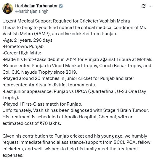 Post shared by Harbhajan Singh. In which he has requested help for the running cricketer running sick.