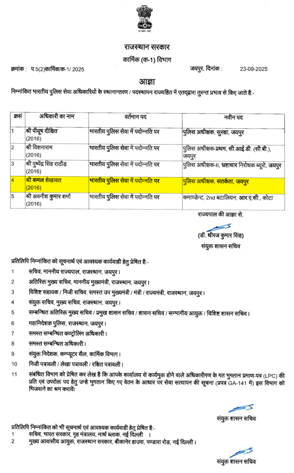 कार्मिक विभाग की ओर से जारी आदेश, जिसमें महिला IPS कमल शेखावत के नाम के आगे श्री लिखा हुआ है।